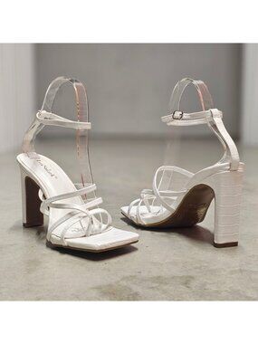 Strappy White Block Heel Sandals With Croc Embossed Finish & Ankle Strap Chic De